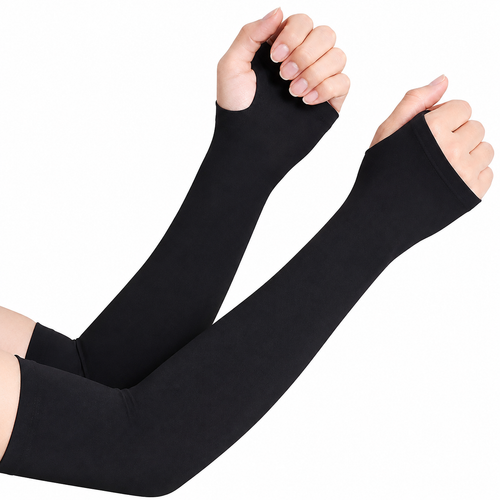 Black fingerless compression arm sleeves with thumb holes, shown on both arms against a white background