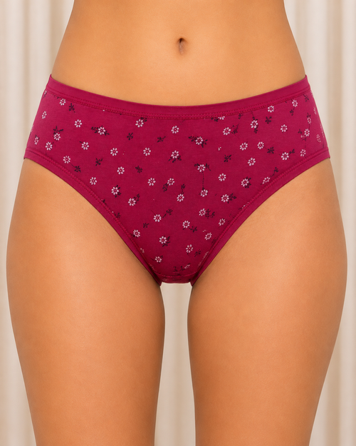 Women's pink floral print spun cotton briefs with outer elastic waistband - front view