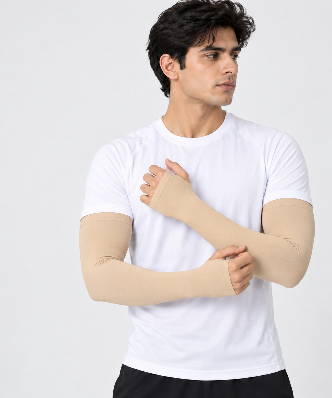 Beige arm sleeves for men worn with a white sports shirt