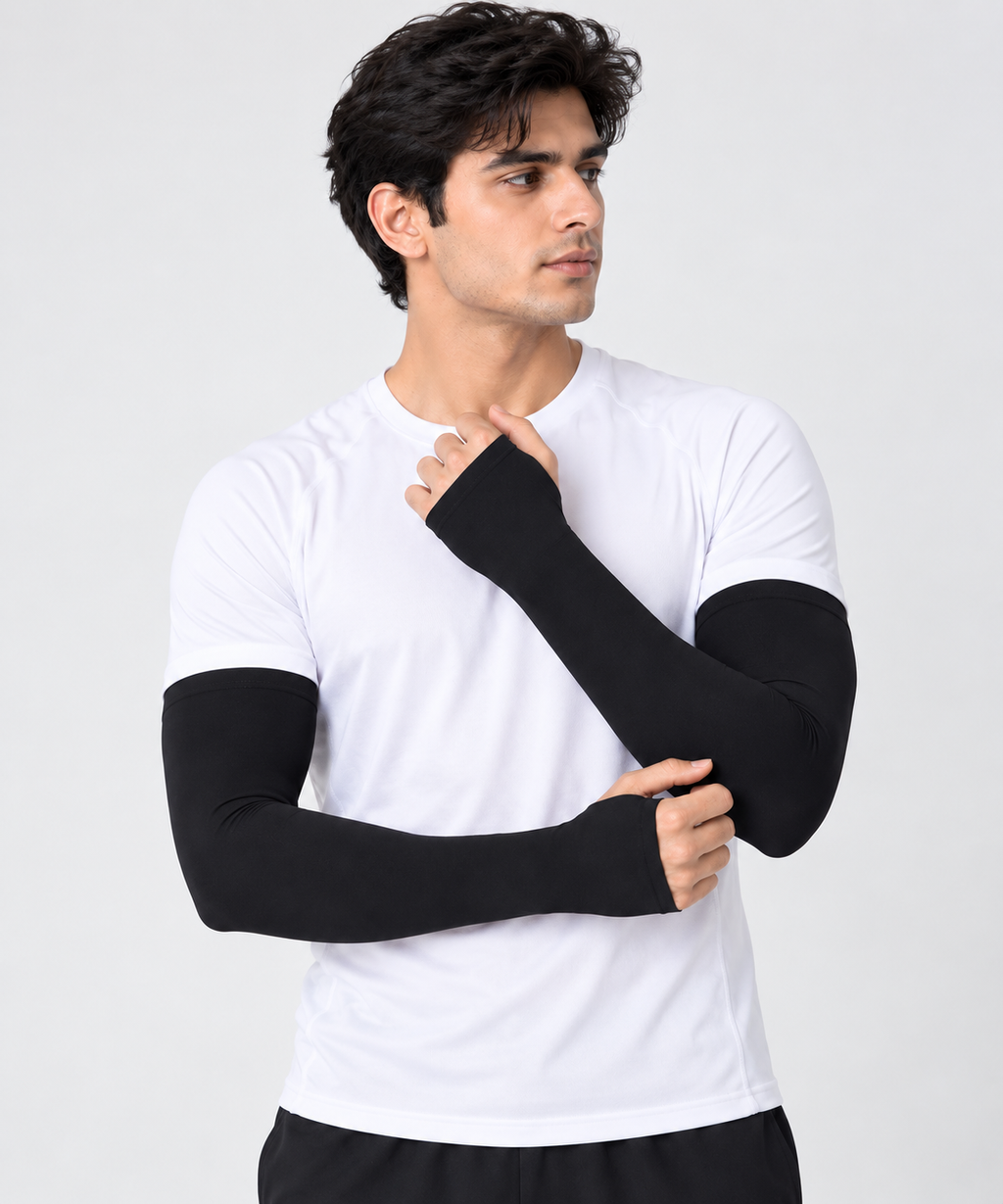 Black arm sleeves for sun protection worn by a male model